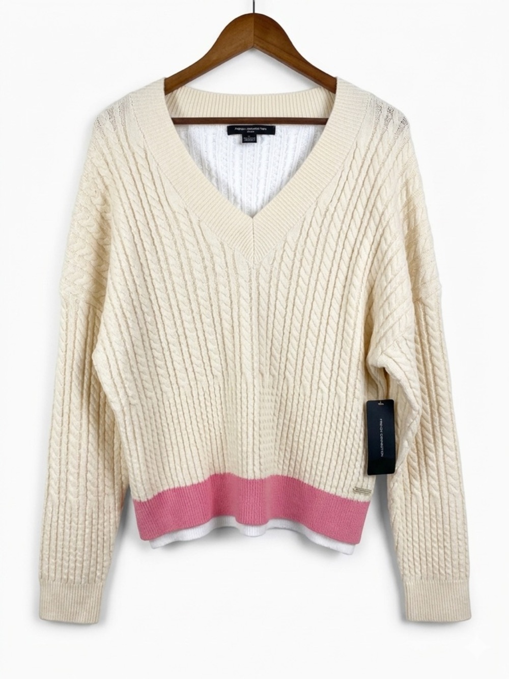 French Connection Cream V-Neck Cable Knit Sweater with Pink Hem